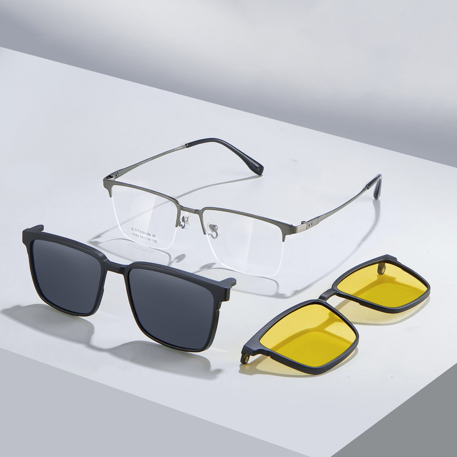 9999 Lunettes de soleil magnétiques à demi-monture brossées trois-en-un